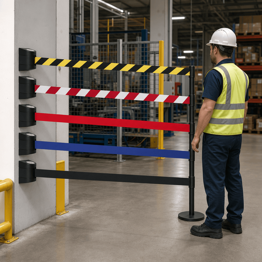 Wall Mount Belt Barrier 4.5m – Retractable Queue Belt, Chevron, Black, Red or Custom Print