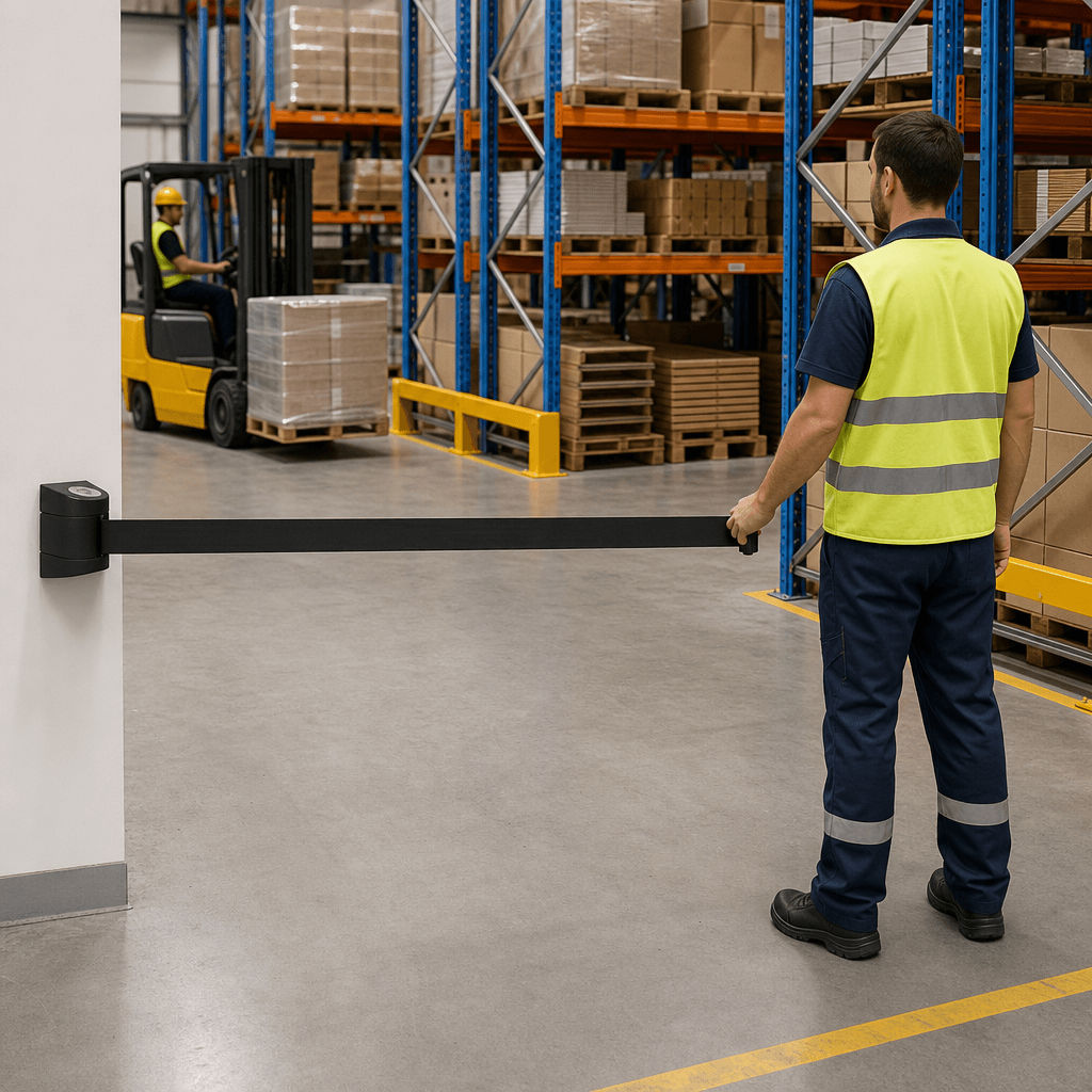 Wall Mounted Belt Barrier 10m – Tough ABS Housing, 6 Belt Colours, Warehouse & Loading Bay