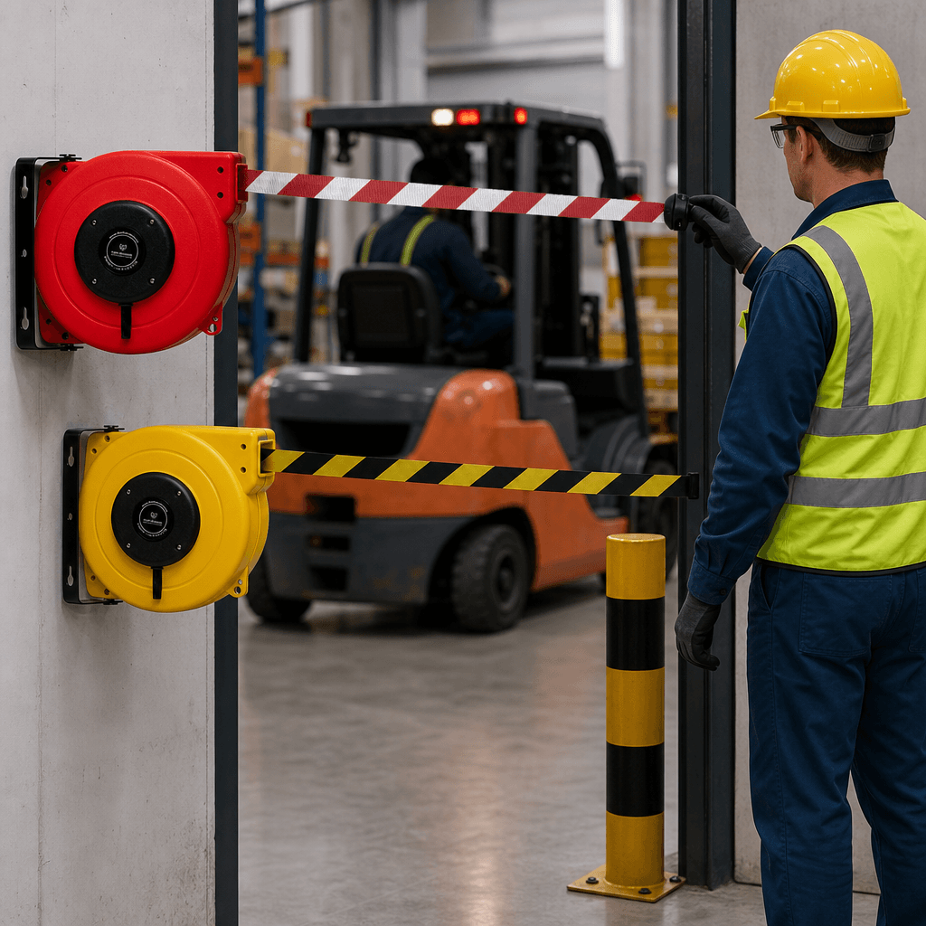 Heavy Duty Safety Barrier Reel 9m / 18m – Wall Mounted Chevron Belt with Wall Receptacle