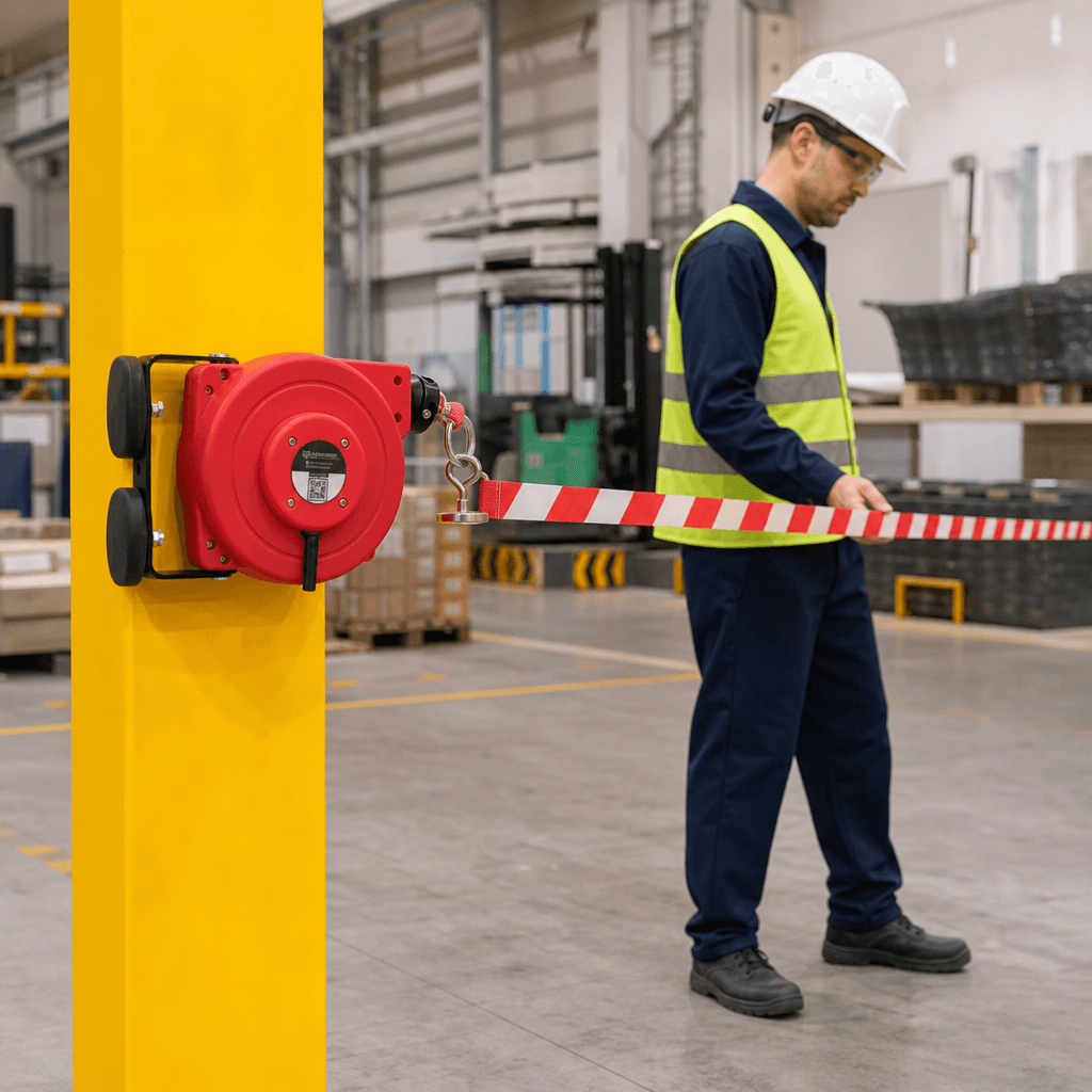 Heavy Duty Magnetic Barrier Reel 9m / 18m – Tool-Free 180° Swivel, 50mm High-Visibility Tape