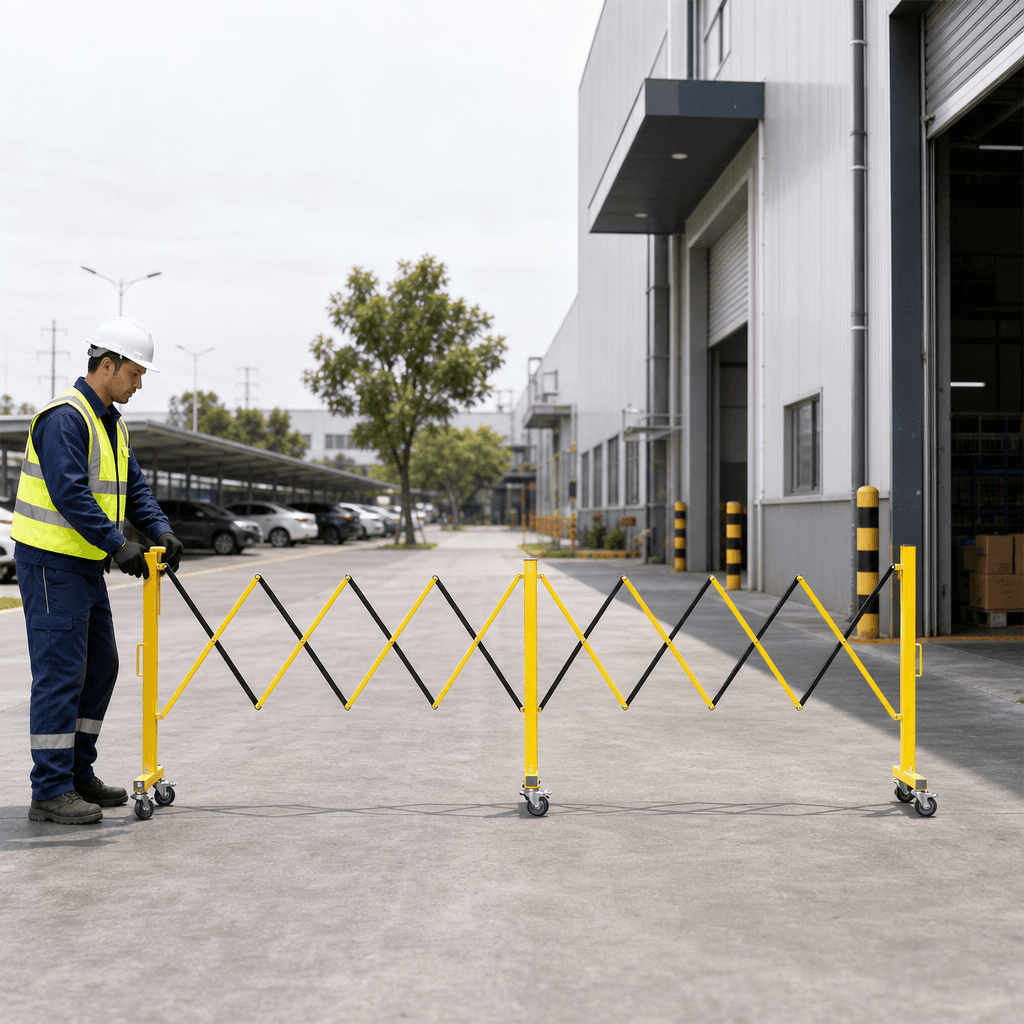 Expanding Gate on Wheels 4.9m – Mobile Folding Trellis Barrier, Black/Yellow or Red/White