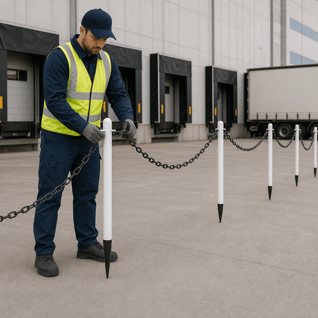Post and Chain Barrier Set – 16 Posts + 25m Chain, 80cm Polyethylene Posts with Spike Base