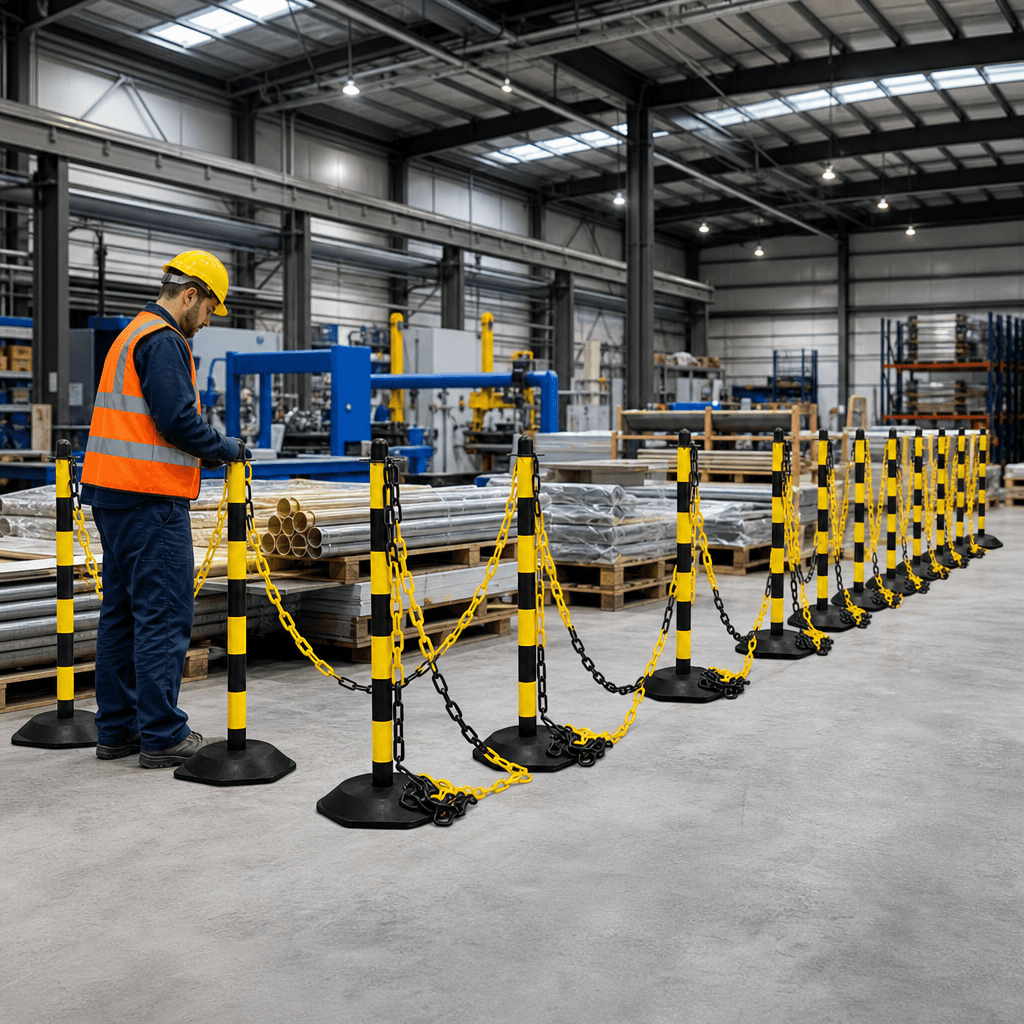 Post and Chain Barrier Kit – 16 Posts + 25m Chain, 90cm Black/Yellow Posts with Rubber Base