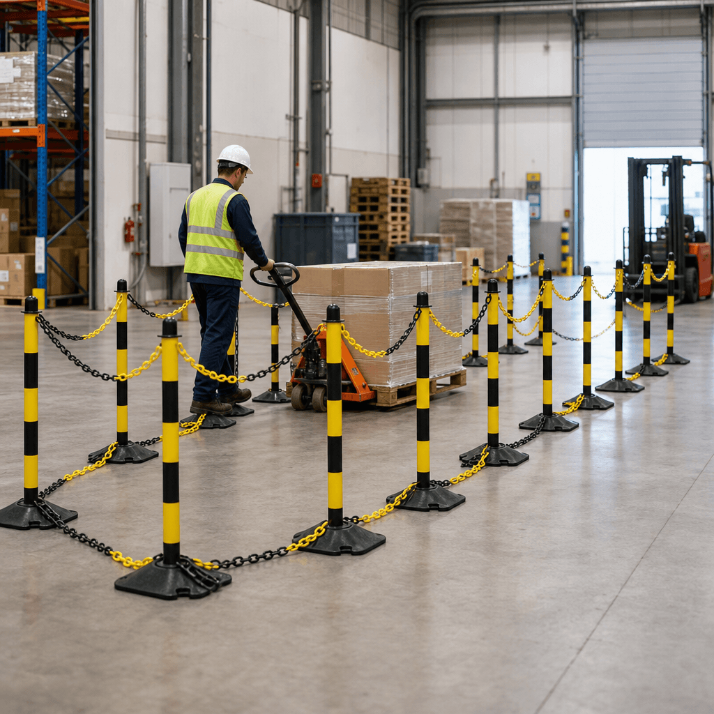 Post and Chain Barrier Kit – 16 Posts + 25m Chain, 90cm Black/Yellow Posts with Rubber Base — image 2