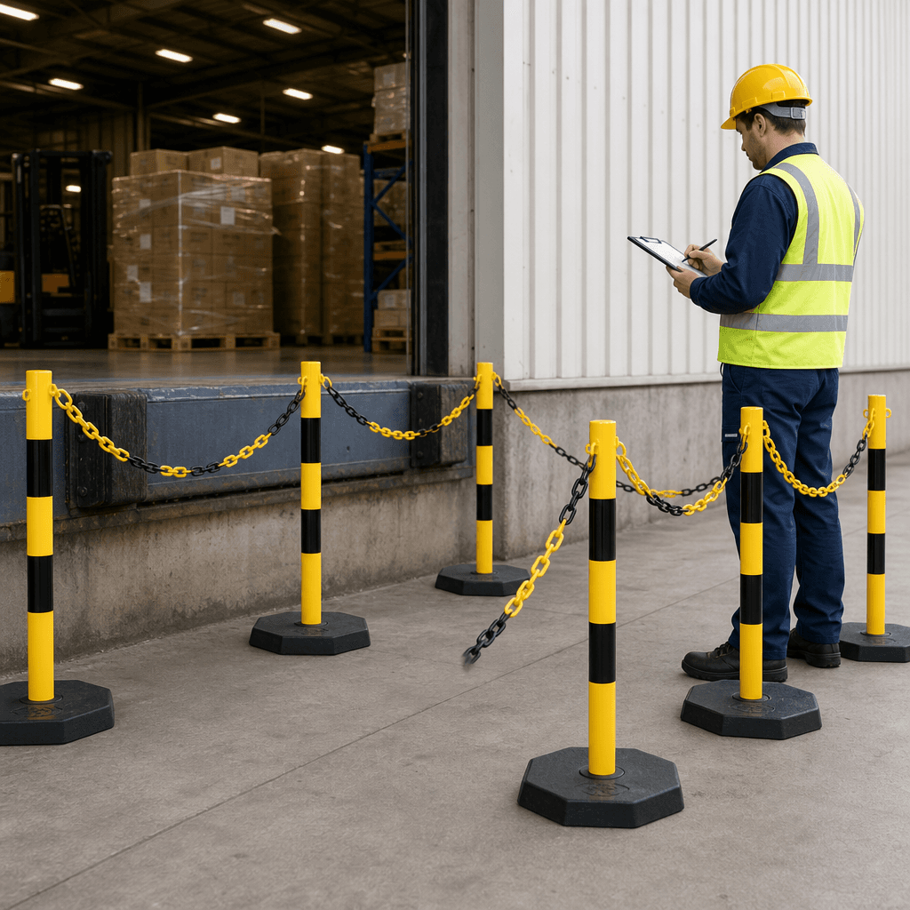 Steel Post and Chain Barrier Set – 6 Freestanding Posts for Crowd Control, Indoor & Outdoor