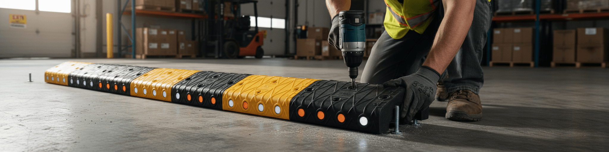 Modular Speed Bump 50mm – Bolt-Down Traffic Calming Ramp with Reflectors, Yellow/Black Sections