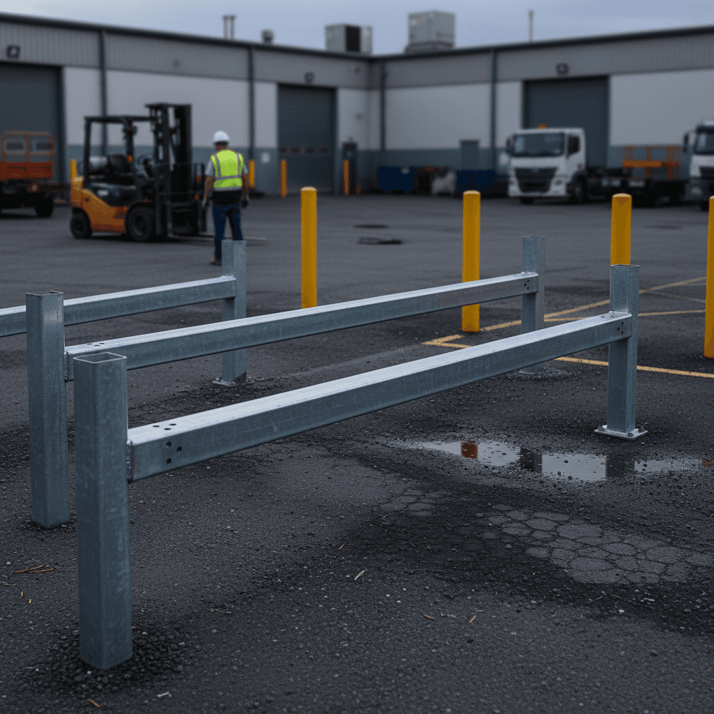 Open Box Beam Barrier Rail 2.4m – Galvanised Steel Crash Barrier for Forklift and Vehicle Impact Protection