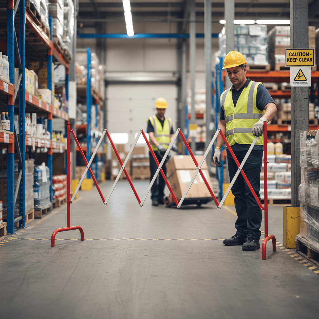 Expanding Steel Safety Barrier 30cm–3m x 1m High – Portable 8kg Concertina Barrier, High Visibility